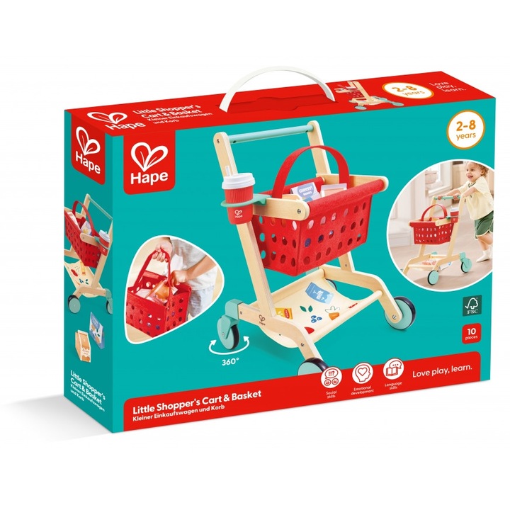 Set de joaca 2 in 1 din lemn, Hape, carucior de cumparaturi si cos