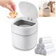 Cos de gunoi mini, Din plastic, Capacitate 2L, cu Capac Anti-Miros si o Deschidere/Inchidere Silentioasa, Pentru birou, Dormitor, Camera, 13x14cm, cu 6 x Set Saci menajeri, 30 buc/rola, Alb