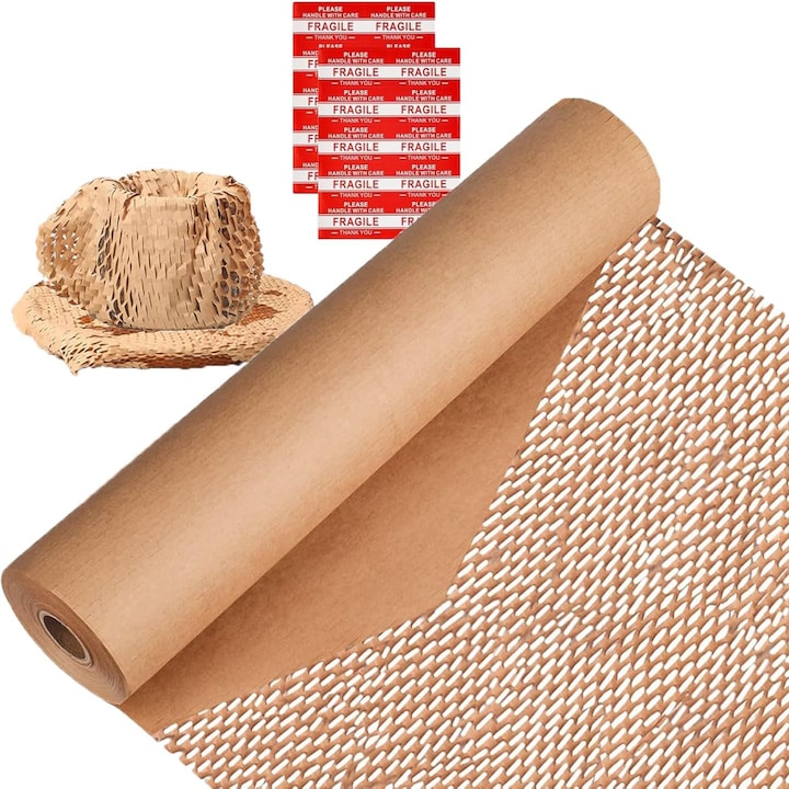 ​​Hartie de ambalaj ecologica, 30cm latime, 10m lungime, cu structura de fagure (imitatie buzunar de aer), pentru umplutura si protectia coletelor, Cadouri, incluzand 20 de etichete, Fragil, maro