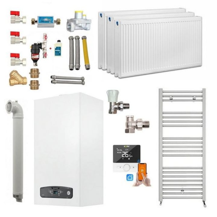 Pachet apartament cu 2 camere, centrala termica in condensare Ariston Cares S 24 kW, Calorifere, Termostat Inteligent, Set robineti tur/retur, Kit evacuare inclus si Kit complet armaturi montaj