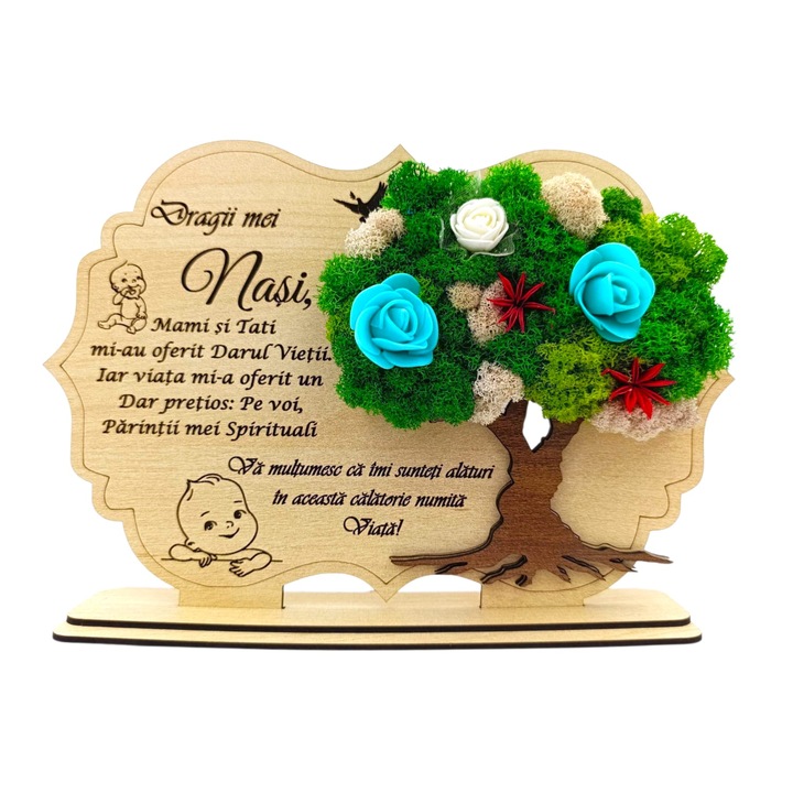 Decoratiune tablou cu licheni, cadou personalizat cu mesaj pentru Nasi - model baiat - crem - 30x18cm