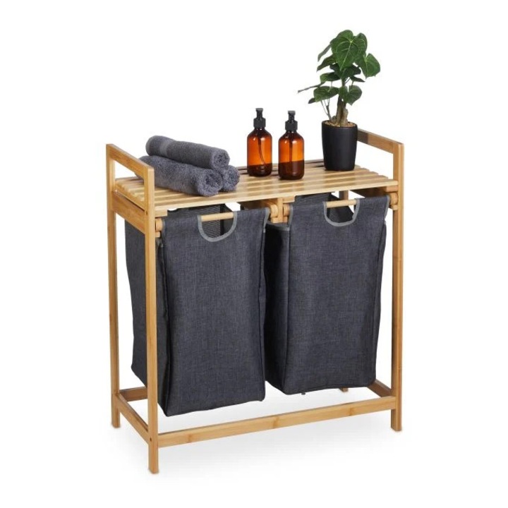 Стелаж за кош за пране B2X с 2 отделения, сив, 75,5x34,5x9,4 см