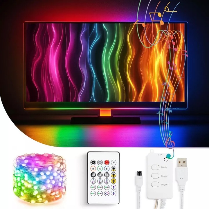 Bewello LCD tv háttérvilágítás, Smart TV fényfüzér - USB - 30 RGB LED - 3 m - Bluetooth 58387