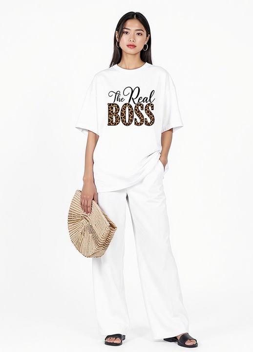 Tricou dama Loose Fit alb imprimeu Real Boss, Alb