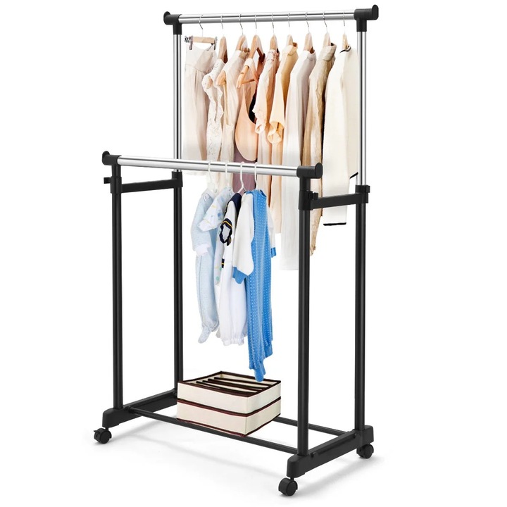 Suport pentru haine reglabil pe inaltime, cu roti