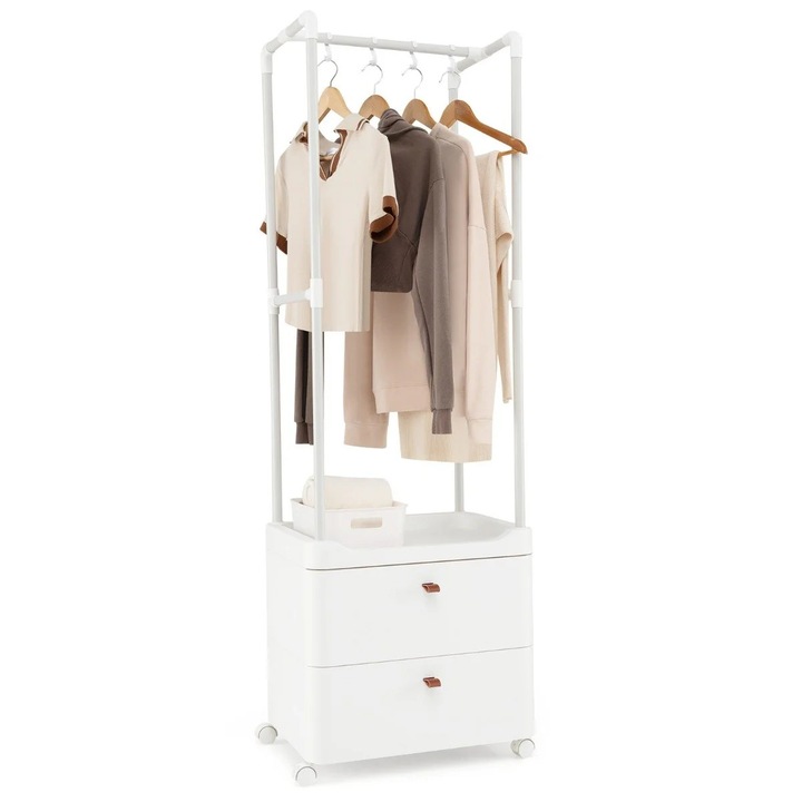 Стойка за дрехи с 2 чекмеджета и заключващи се колела
