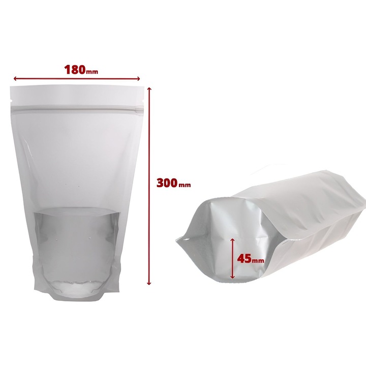 Pungi Stand Up Doypack transparente cu ziplock 180×300x45mm, Capacitate: 750g, Set 50 buc