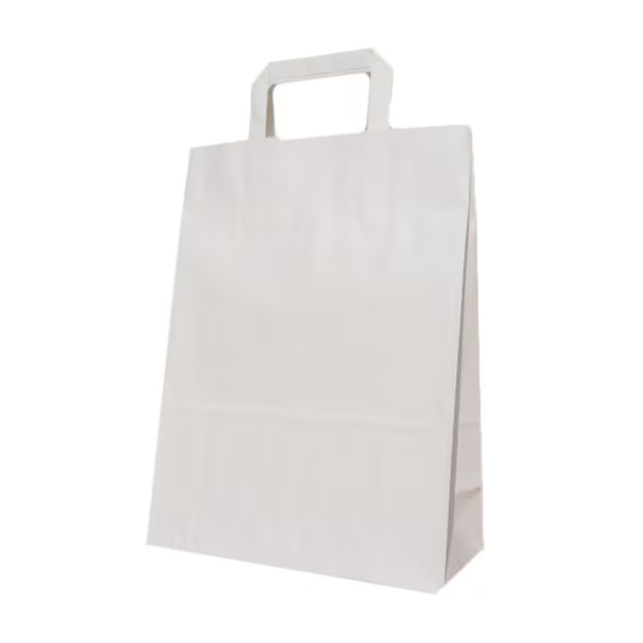 Set 250 pungi hartie albe cu maner plat, 3 dimensiuni (32x17x38 cm), pentru delivery si take away