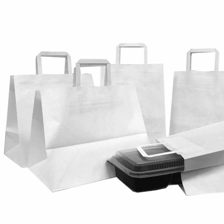 Set 250 pungi hartie albe cu maner plat, 3 dimensiuni (ex: 26x17x29 cm), pentru delivery si take-away