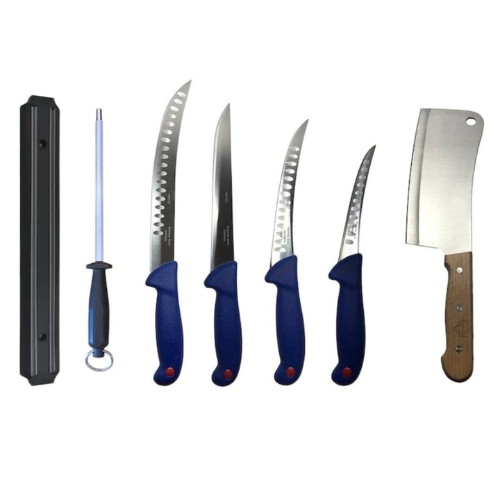 Set 4 cutite profesionale de macelarie, filetat, injunghiat, transat, dezosat, otel carbon, satar, suport magnetic, masat pentru ascutit, Dactylion®
