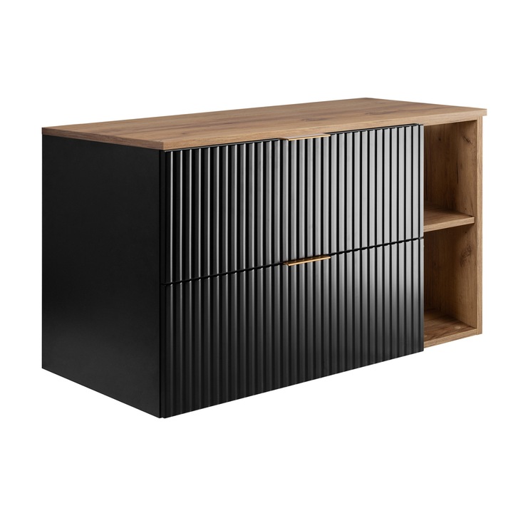 Fürdőszobaszekrény, fekete, kézműves tölgyfa, 100 x 57 x 46 cm, mosdóval, arany fogantyúkkal, 2 fiókkal, 2 elemes szett, laminált anyag, összeszerelési tartozékokkal, összeszerelési