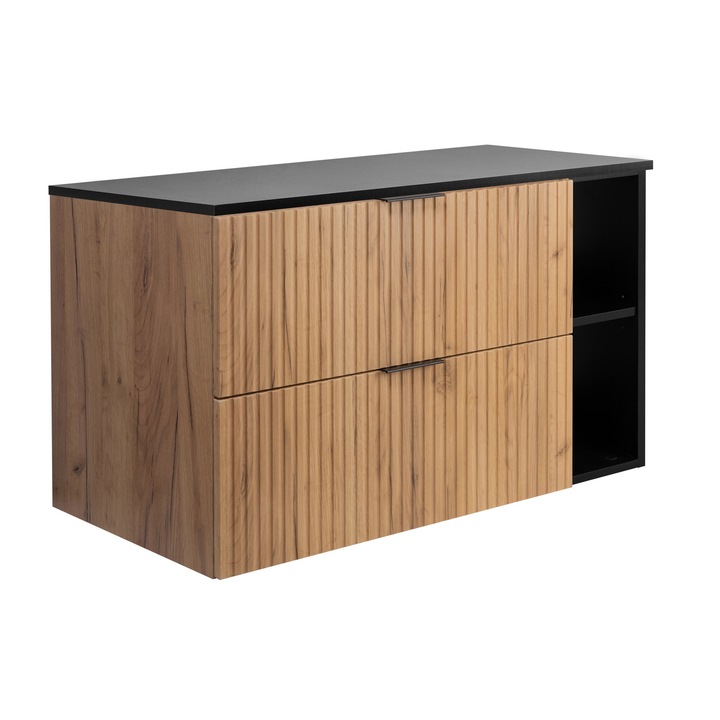 Fürdőszoba bútor, kézműves tölgy, 100 cm, 57 cm, 46 cm, mosdóval, falra szerelhető, két fiókkal, 2 darabos szett, anyag: laminált bútorlap, szín: kézműves tölgy/fekete, fogantyúk: fekete műanyag, bútorlap vastagsága: 16 mm, a szett tartalma: szerelési