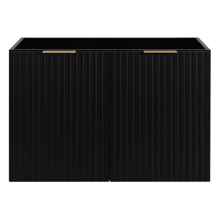 Fürdőszobaszekrény, fekete, 80 cm, 57 cm, 46 cm, mosdóval, két ajtóval, két polccal, a szett tartalma: 1 x szekrény, 1 x összeszerelési kellékek, 1 x összeszerelési útmutató, anyag: laminált bútorlap, előlap: MDF, előlap vastagsága: 16 mm, fogantyúk: