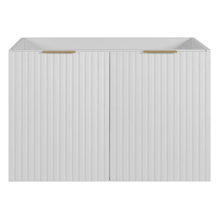 Fürdőszobaszekrény, fehér, 80 cm, 57 cm, 46 cm, mosdóval, két ajtóval, két polccal, arany fogantyúkkal, a szett tartalma: 1 x bútordarab, 1 x összeszerelési kellékek, 1 x összeszerelési útmutató, anyaga: laminált bútorlap, MDF