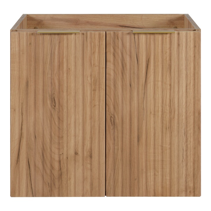 Fürdőszobaszekrény, kézműves tölgyfa, 60 cm, 57 cm, 46 cm, mosdóval, arany fogantyúkkal, a szett tartalma: 1 szekrény, 1 összeszerelési kellékkészlet, 1 összeszerelési útmutató, anyaga: laminált bútorlap, jellemzői: 2 ajtó, 2