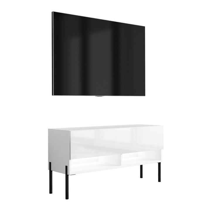 TV állvány, 3xe living, 100 cm, matt fehér / fényes fehér, egyenes fekete lábak, polccal és szekrénnyel, LED háttérvilágítással, 100 × 32 × 52 cm, anyag: laminált bútorlap, önszerelő készlet, szín: fehér, méretek: szélesség 100 cm, magasság 52 cm