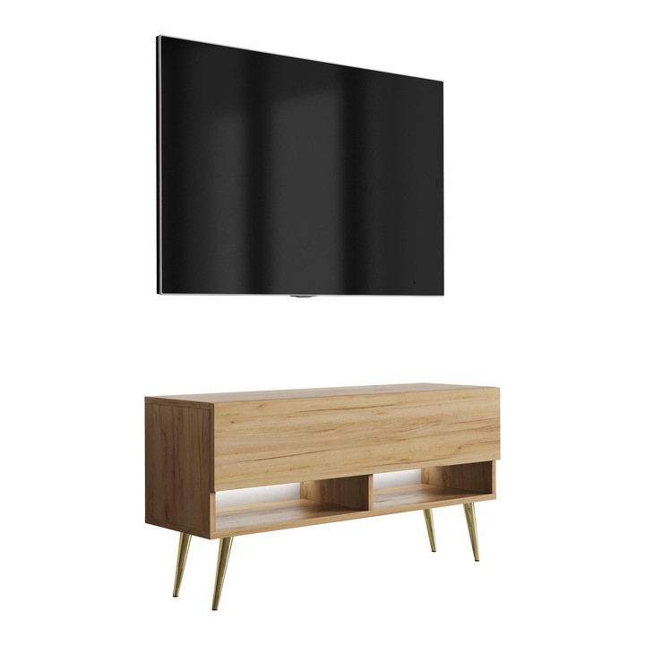 TV állvány, 3xe living, 100 cm, kézműves tölgyfa, arany ferde lábak, hidraulikus emelés, polccal és szekrénnyel, fehér LED, 100 × 32 × 52 cm, anyag: laminált bútorlap, fém lábak, saját kezűleg összeszerelhető, új termék eredeti