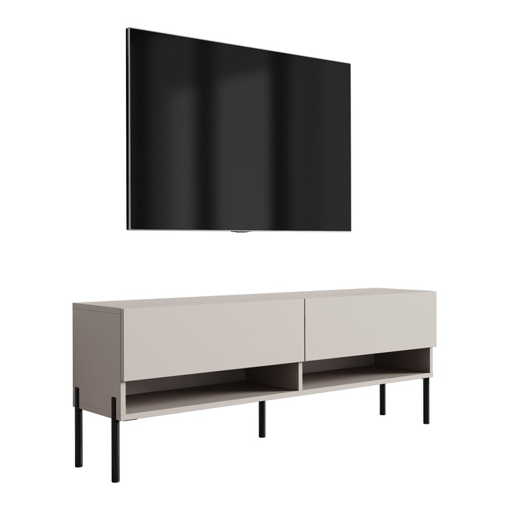 TV állvány, 3xe living, 140 cm, 140 × 32 × 52 cm, polccal és szekrénnyel, fekete lábakkal, saját összeszereléshez, hidraulikus emelő, anyag: laminált bútorlap, szín: kasmír, összeszerelési tartozékok nem tartozékok, új termék eredeti