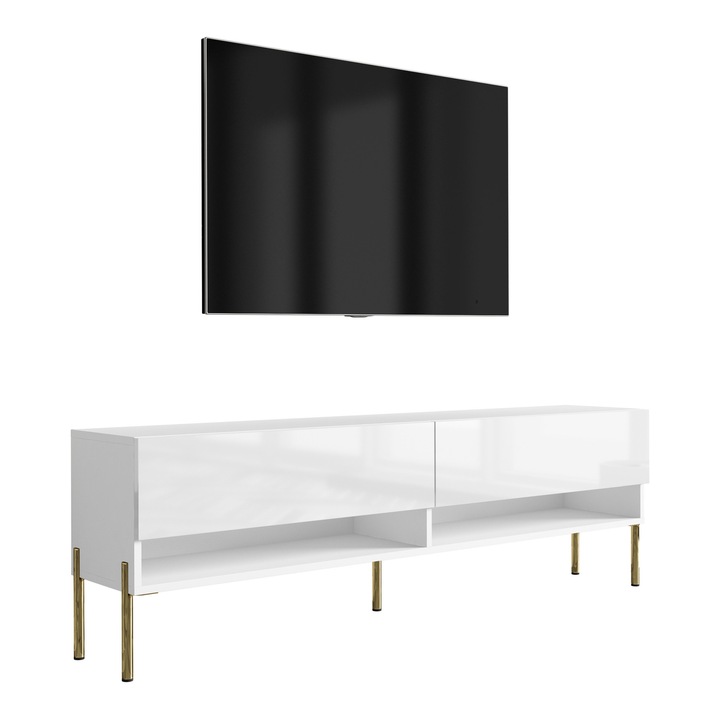 TV állvány, 3xe living, 170 cm, matt fehér / fényes fehér, egyenes arany lábak, polccal és szekrénnyel, 170 × 32 × 52 cm, anyag: laminált bútorlap, saját kezűleg összeszerelhető, új, eredeti csomagolásban, könnyen