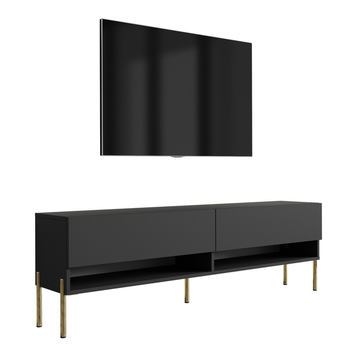 TV állvány, 3xe living, 170 cm, matt fekete, egyenes arany lábak, polccal és szekrénnyel, anyaga: laminált bútorlap, fém lábak, önálló összeszereléshez, méretek: 170 × 32 × 52 cm, új, eredeti