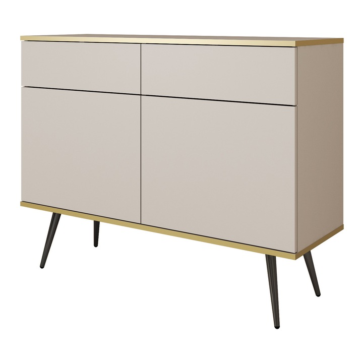 Fiókos szekrény, márka és modell nélkül, 107 cm, 85 cm, 39 cm, 2 fiók, 2 ajtó, 4 polc, nyomógombos nyitás, bézs, a szett tartalma: 1 x bútordarab, 1 x összeszerelési tartozék, 1 x összeszerelési útmutató, anyag: laminált bútorlap, jellemzők: fém lábak