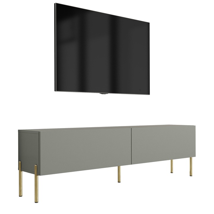 TV szekrény, aloe vera színű, 140 x 52 x 32 cm, 2 ajtó, 2 polc, arany lábak, a szett tartalma: 1 x bútordarab, 1 x összeszerelési tartozék, 1 x összeszerelési útmutató, anyag: laminált bútorlap, bútorlap vastagsága: 16 mm, fogantyú nélkül