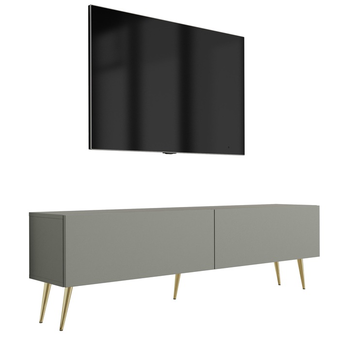 TV szekrény, aloe vera, 140 x 52 x 32 cm, 2 ajtó, 2 polc, arany lábak, laminált panel, a szett tartalma: 1 x bútor, 1 x összeszerelési tartozék, 1 x összeszerelési útmutató, anyag: MDF, panel vastagsága: 16 mm, keret vastagsága: 16 mm, fogantyúk: