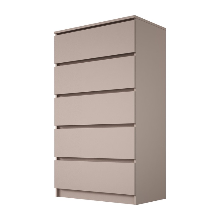 Fiókos komód, Karamell, 5 fiók, 70 x 124 x 39 cm, Funkcionális, Elegáns, Stabil, Könnyen összeszerelhető, Útmutató és összeszerelési tartozékok mellékelve, Anyag: 16 mm-es forgácslap, Megerősített élek, Csendes és kényelmes