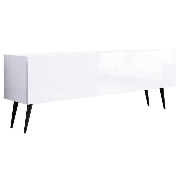 TV szekrény, márka nélküli, 140 x 34 x 32 cm, 2 ajtó, 2 polc, nyomásra nyíló rendszer, fém lábak, szín: matt fehér / fényes fehér, a szett tartalma: 1 x bútordarab, 1 x összeszerelési tartozék, 1 x összeszerelési útmutató, anyag: laminált bútorlap