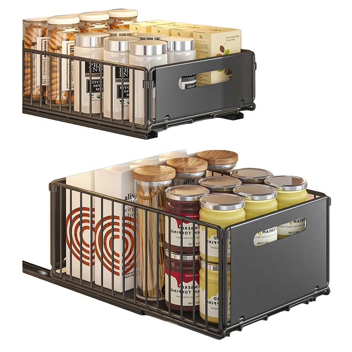 Organizator Dulap, Set 2 Rafturi Universale, Multifunctionale, Sistem Culisant, Design Modern, Metalic, Depozitare pentru Bucatarie, Sub chiuveta, Baie, Sufragerie, Montare Usoara Fara Gaurire, Negru