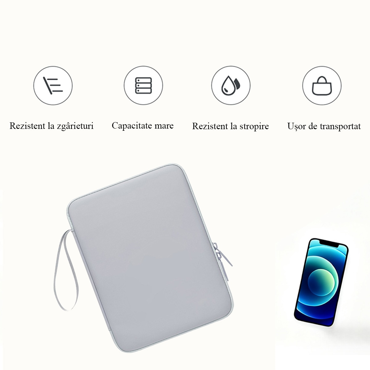 Husă de protecție pentru tabletă FooFoony, impermeabilă, gri, 12.9 inch, pentru iPad Pro, Samsung Galaxy Tab, spațiu generos