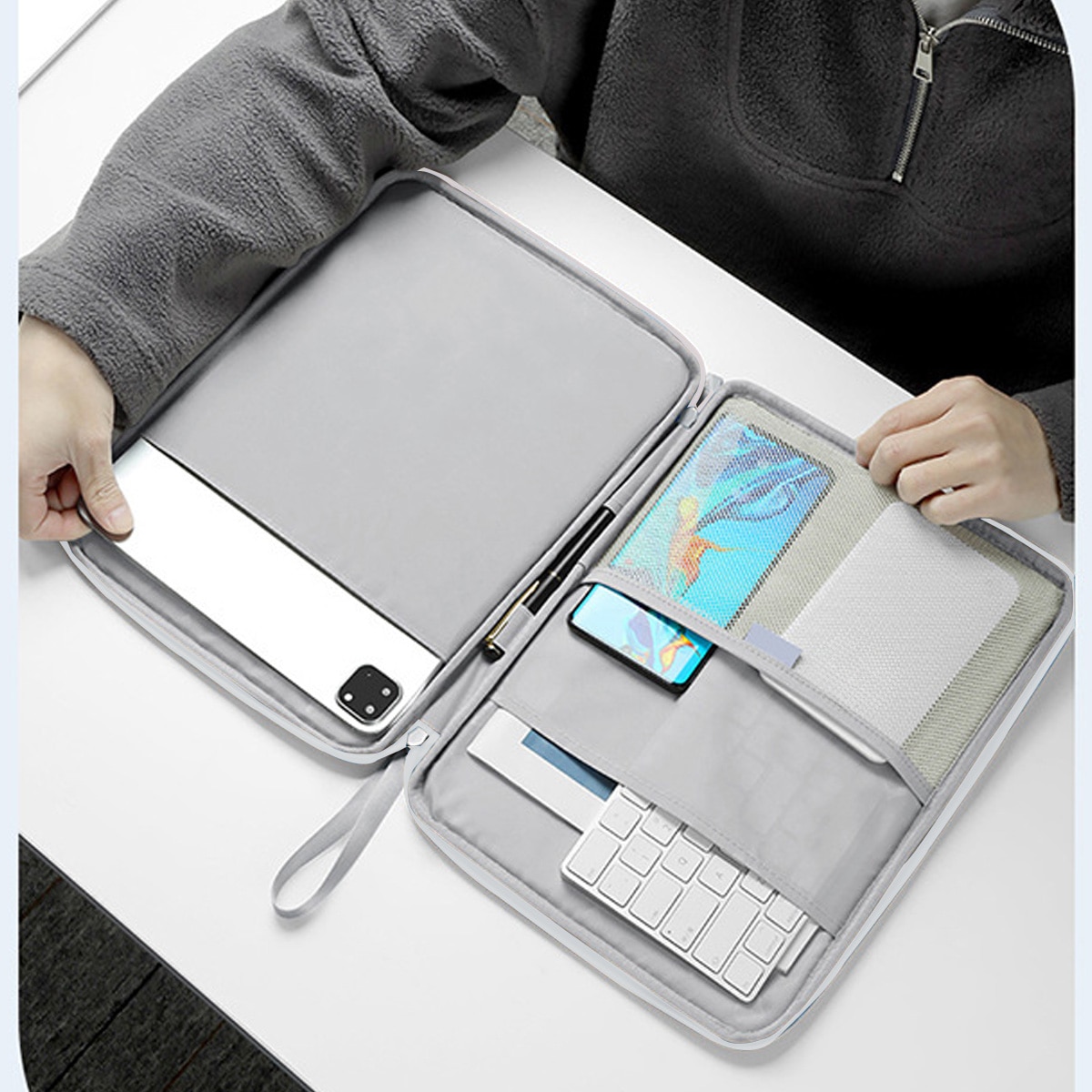 Husă de protecție pentru tabletă FooFoony, impermeabilă, gri, 12.9 inch, pentru iPad Pro, Samsung Galaxy Tab, spațiu generos