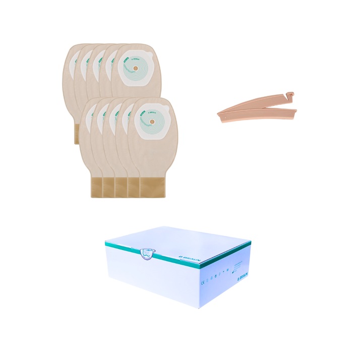Set 10 pungi de colostomie/ileostomie, B Braun, 10-70 mm, cu evacuare, clema, bej deschis