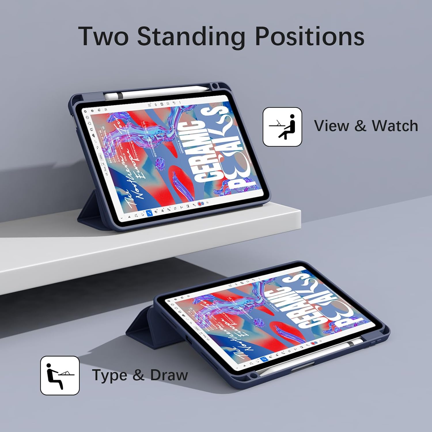 Husa de protectie pentru tableta, potrivita pentru iPad Air 11" (M3/M2 )2025/2024, iPad Air 5/4 generatii 2022/2020 10.9 ", functie automata trezire/dormi, cu tava pentru stilouri, Albastru marin