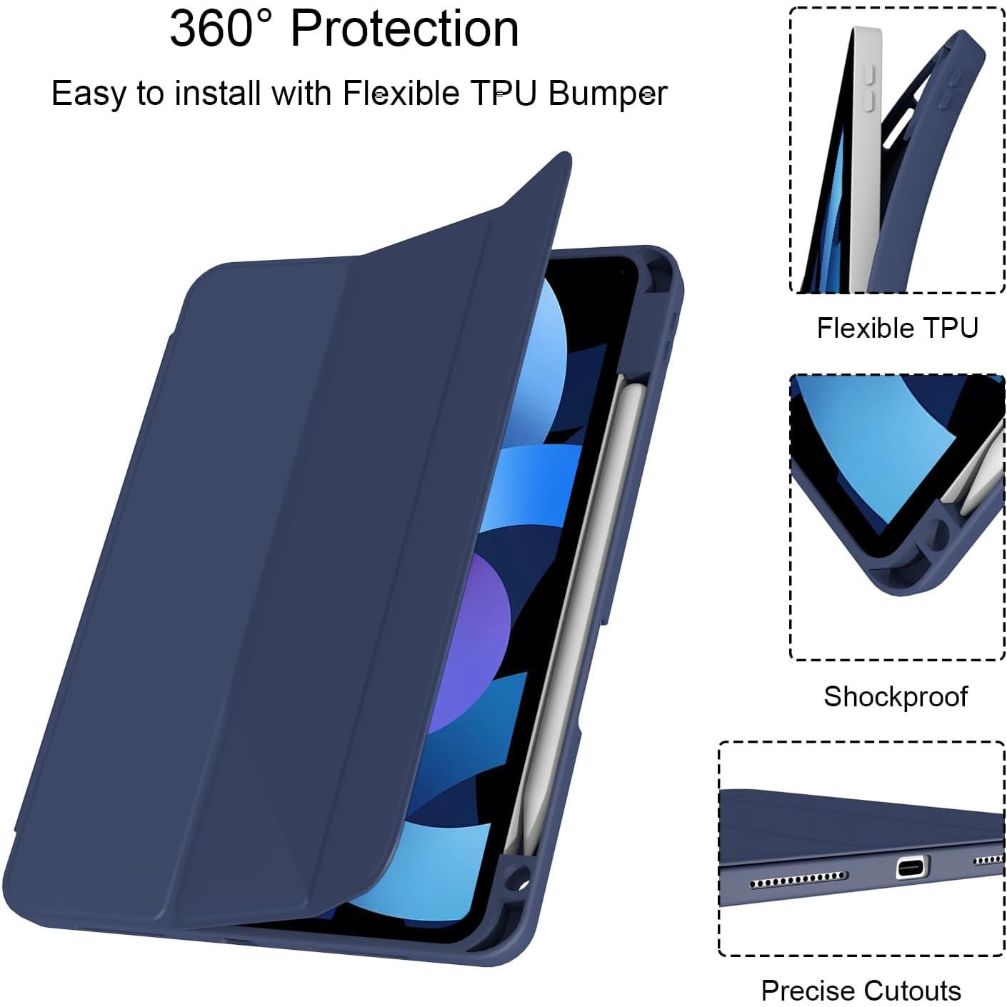 Husa de protectie pentru tableta, potrivita pentru iPad Air 11" (M3/M2 )2025/2024, iPad Air 5/4 generatii 2022/2020 10.9 ", functie automata trezire/dormi, cu tava pentru stilouri, Albastru marin