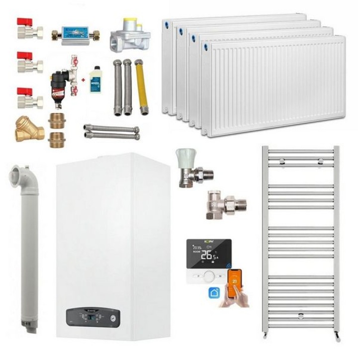 Pachet apartament cu 3 camere, centrala termica in condensare Ariston Cares S 24 kW, Calorifere, Termostat Inteligent, Set robineti tur/retur, Kit evacuare inclus si Kit complet armaturi montaj