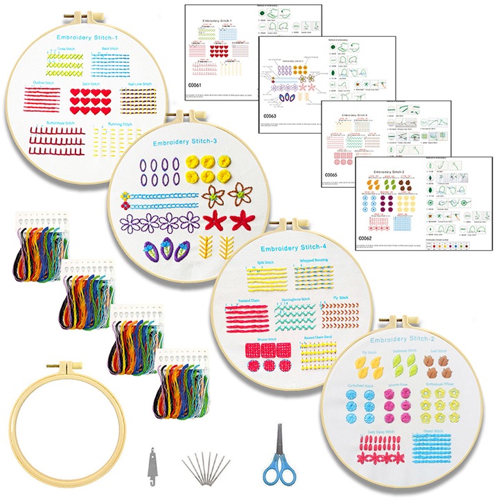Kit broderie, BOMSTOM, 4 seturi, cu fire, ace, instructiuni si unelte, exercitii pentru incepatori, mana cu tehnici de broderie abilitati de broderie, Multicolor