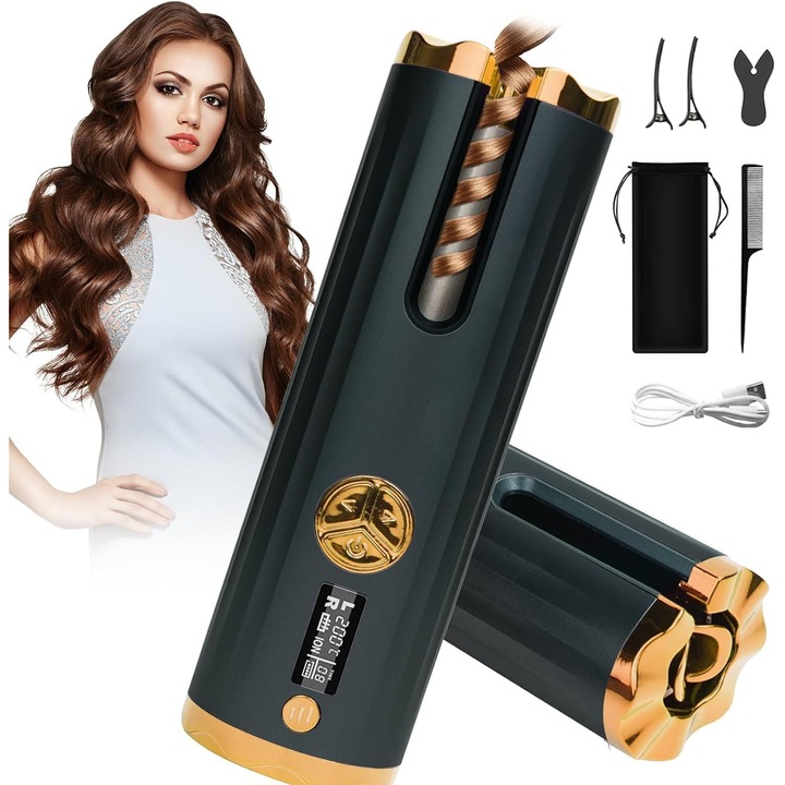 Ondulator Automat Bucle, Suness, invelis turmalina ceramica, Ondulator De Par Profesional, potrivit pentru orice tip de par, Ondulator Cu Protectie Avansata, baterie durabila, ideal pentru calatorii, Incalzire rapida, 3000mah, Negru