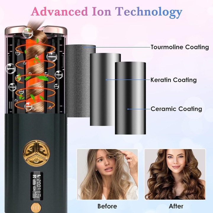 Ondulator Automat Bucle, Suness, invelis turmalina ceramica, Ondulator De Par Profesional, potrivit pentru orice tip de par, Ondulator Cu Protectie Avansata, baterie durabila, ideal pentru calatorii, Incalzire rapida, 3000mah, Negru