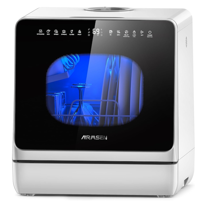 Компактна съдомиялна машина AIRMSEN, 8 програми, с 5L резервоар и отделение за сол, отложен старт и заключване за деца, без връзка с вода, идеална за апартаменти и каравани