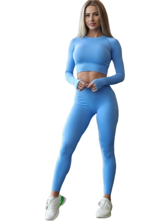 Compleu compresie fitness cu maneca bleu