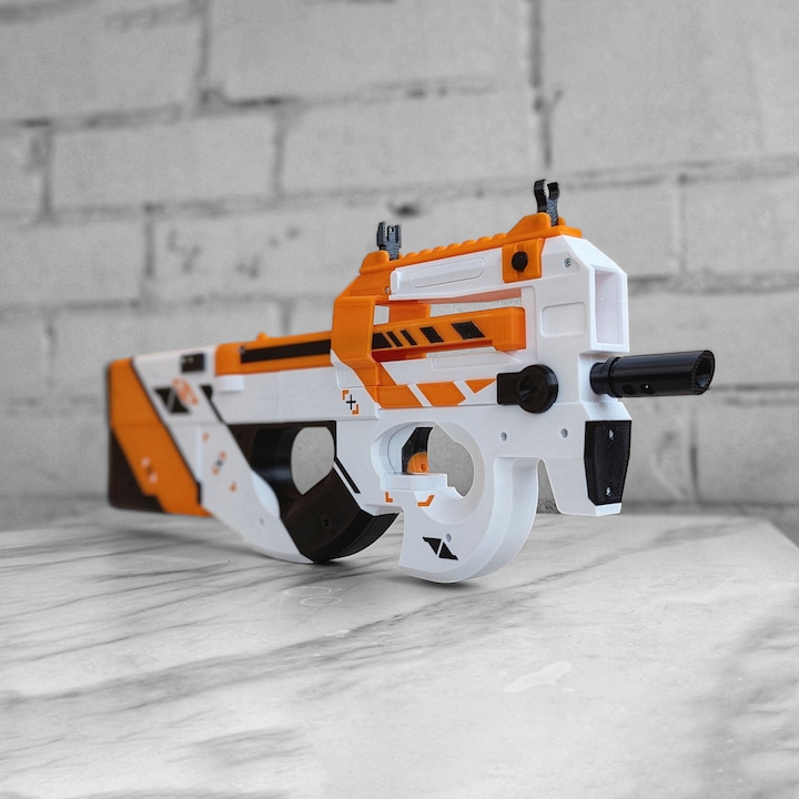 Mitraliera P90 Asiimov, replica realista, 56 cm, Counter Strike 2, CS GO, mecanism propulsat elastice pana la 15m