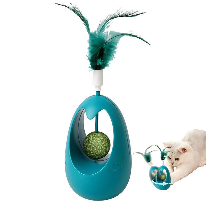 Jucarie interactiva pentru pisici, Omelivon, Rotire 360°, cu Pene, Bile de catnip pentru pisici, Stimuleaza Instinctul Natural, Material Durabil si Rezistent, ABS, verde