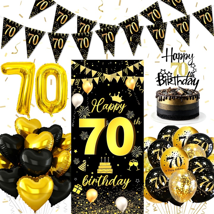70. születésnapi léggömb szett, fekete és arany, zászlók, háttér, 70. születésnapi dekorációk, parti dekorációk, latex, szív és szám lufik, tortadekorációk