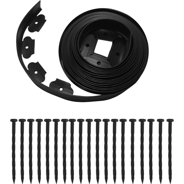 Separator gazon, NIERBO®, ordura flexibila pentru delimitare, lungime 10 metri, latime 5 cm, set complet cu 30 pini de montaj, Negru