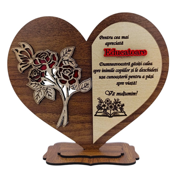 Cadou personalizat pentru Educatoare "Cea mai apreciata..." - inima cu mesaj personalizat – 15 cm, nuc