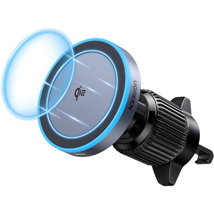 Incarcator de masina fara fir Ugreen 35970, 15W, incarcare rapida, suport magnetic puternic pentru telefon pentru masina, cu lumina LED pentru accesorii auto din seria iPhone 12-16, Negru