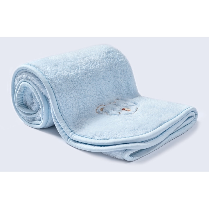 Бебешко одеяло, Veloma Home, с бродерия мече, синьо, 90x100 см, двуслойно, хипоалергенно