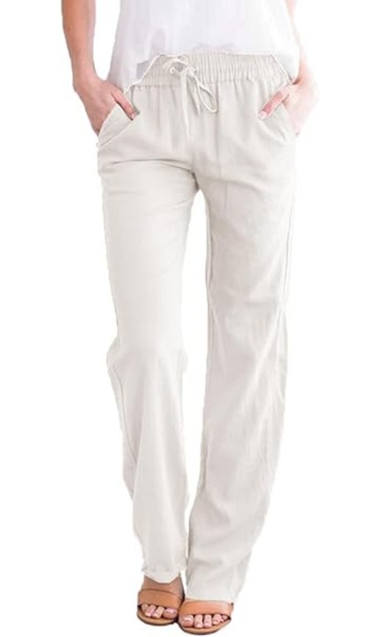 Pantaloni dama largi de vara, cu talie elastica si snur reglabil, croiala lejera, buzunare laterale, bumbac usor si respirabil, ideali pentru plaja, vacanta, casual si tinute de zi, Alb, Marimea 2XL