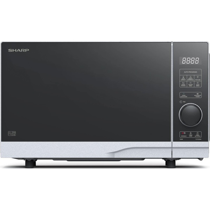 Cuptor cu microunde Sharp YC-PS204AES, 20 L, 700 W, 10 trepte putere, Functie ECO, 8 programe, Platou rotativ 24.5 cm Argintiu